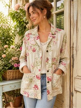 Vintage Denim & Co Floral Linen Blend Jacket Cottagecore Boho Medium Soft Autumn